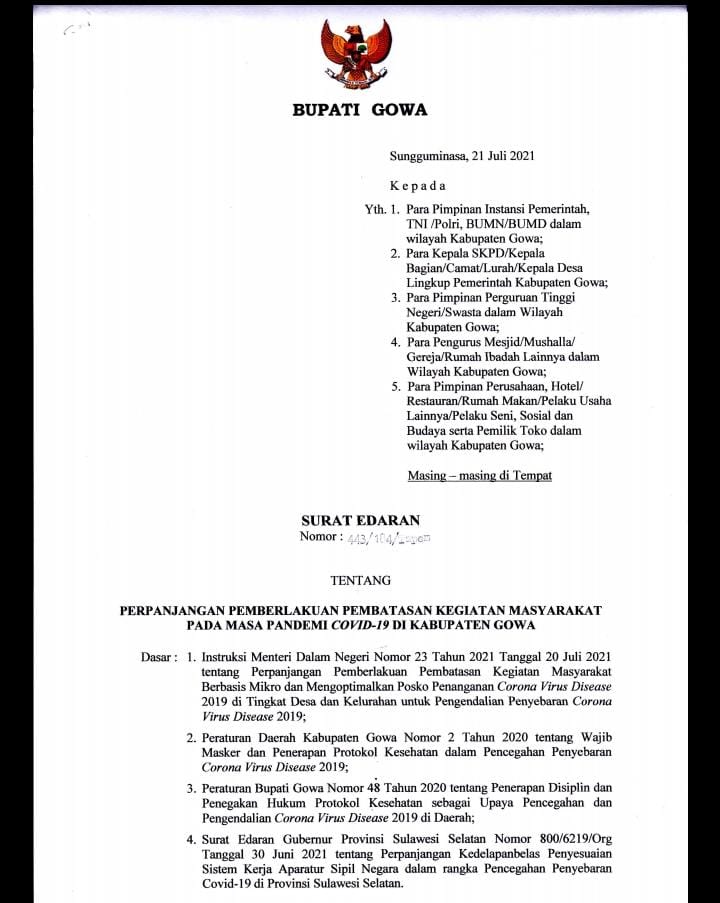 Gowa Perpanjang PPKM Level III Hingga 9 Agustus, Terjadi Perubahan Jam Operasional Tempat Usaha